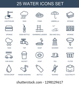 water icons. Trendy 25 water icons. Contain icons such as lighthouse, rain, pond, umbrella, sponge, soda bottle, swimming ladder, sea and gull. water icon for web and mobile.