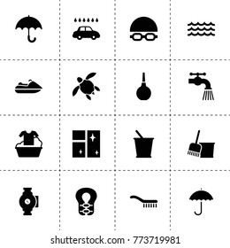 Water icons. vector collection filled water icons. includes symbols such as bucket, water tap, bucket and broom, clean window, car wash. use for web, mobile and ui design.