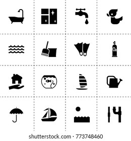 Water icons. vector collection filled water icons. includes symbols such as watering can, water tap, bucket and broom, clean window, bath. use for web, mobile and ui design.