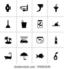 Water icons. vector collection filled water icons. includes symbols such as fish, bucket, car wash, funnel, plunger, sink, bath, pump. use for web, mobile and ui design.