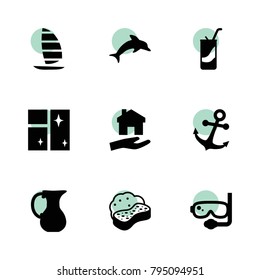 Water icons. vector collection filled water icons set.. includes symbols such as jug, clean window, sponge, house clean, diving mask, soda. use for web, mobile and ui design.