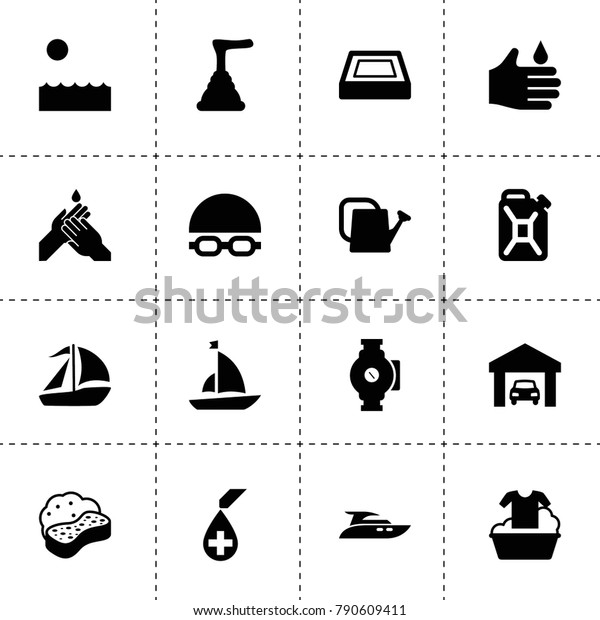 Water icons. vector\
collection filled water icons. includes symbols such as watering\
can, oil can, car garage, hand cleaning, sponge. use for web,\
mobile and ui design.