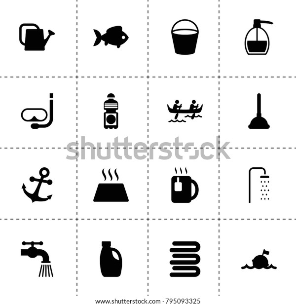 Water icons. vector\
collection filled water icons. includes symbols such as fish,\
watering can, car oil, water tap, bucket, liquid soap. use for web,\
mobile and ui design.
