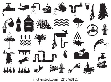 water icons vector set (design elements - watering can, faucet, droplet, cloud and rain, fire hydrant, shower head, kitchen sink, umbrella, glass, waterfall)