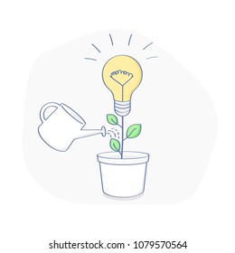 Water the idea, the creative, generation of idea. The idea, lightbulb as a plant grows in a flower pot. Growing ideas, creative work, innovation. Flat outline vector illustration