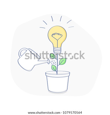 Water the idea, the creative, generation of idea. The idea, lightbulb as a plant grows in a flower pot. Growing ideas, creative work, innovation. Flat outline vector illustration
