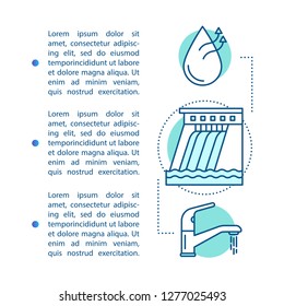 Water industry article page template. Drinking water and wastewater services. Hydroelectric station. Eco energy. Brochure, magazine, booklet design with icons and text boxes. Concept with text space