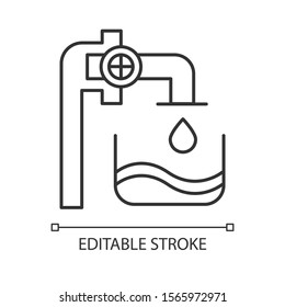 Water industry linear icon. Liquid in container. Pipes and valves. Water engineering. Beverage production. Thin line illustration. Contour symbol. Vector isolated outline drawing. Editable stroke