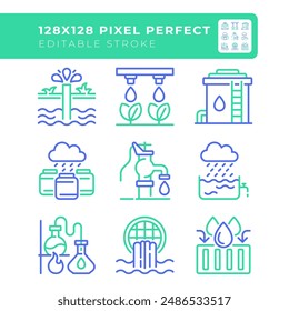 Water industry related two color line icons set. Water collection and distillation. Wastewater treatment bicolor outline iconset isolated. Duotone pictograms thin linear. Editable stroke