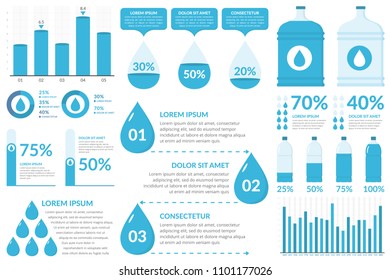 Water Infographic Elements - Drops, Bottles, Graphs, Percents, Vector Eps10 Illustration