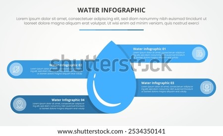 water infographic theme concept for slide presentation with big waterdrop center and round circle opposite direction with 4 point list with flat style vector