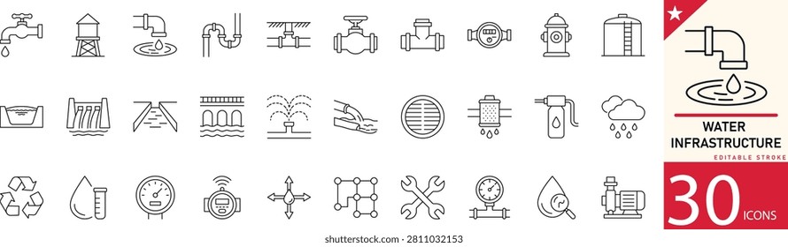 Water Infrastructure line icon set. Icons for pipeline, tank, sewage, valve, plumbing, and utility. Editable stroke. Vector illustration.