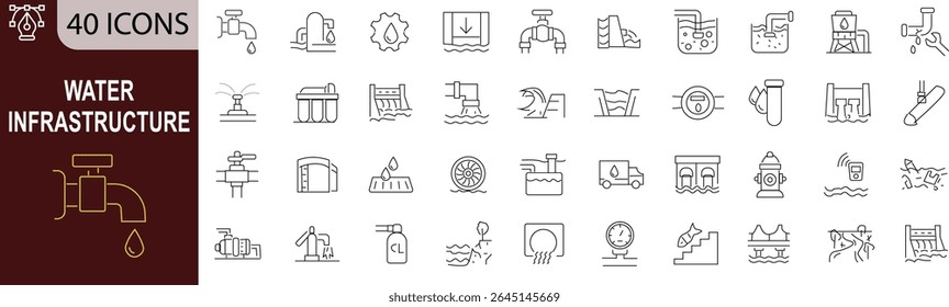Water Infrastructure Line Icons Set. Taps, Filtration, Dams and More - Essential Vector Collection. Editable icons