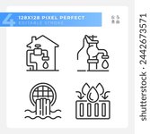 Water infrastructure linear icons set. Manual well pump. Home water system. Storm drain. Customizable thin line symbols. Isolated vector outline illustrations. Editable stroke. Pixel perfect