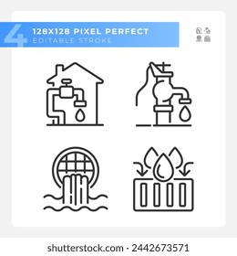 Water infrastructure linear icons set. Manual well pump. Home water system. Storm drain. Customizable thin line symbols. Isolated vector outline illustrations. Editable stroke. Pixel perfect