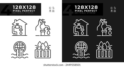 Water infrastructure linear icons set for dark, light mode. Manual well pump. Home water system. Thin line symbols for night, day theme. Isolated illustrations. Editable stroke. Pixel perfect