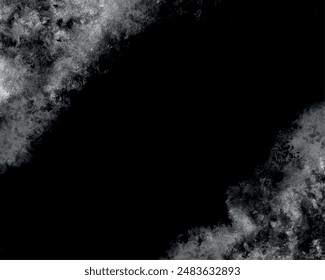 Wassertinte Splash Design Bildschirmhintergrund Bild. Textur von Eis Schnee isoliert auf schwarzem Hintergrund. Abstrakter einfarbiger, gruseliger Effekt im Hintergrund. Risse Textur Muster detailliert weiß und schwarz lackiert