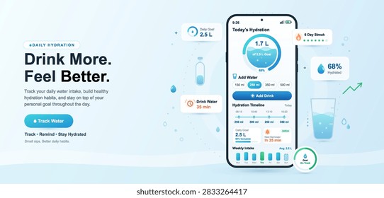 Water intake tracker mobile application landing page website template with daily hydration goal progress charts, fluid logs, dashboard metrics analytics on smartphone screen. Vector graphic, app ui