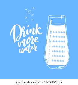 Water intake tracker, weekly layout. Eight glasses checklist every day. Drink more water handwritten text on blue background. Motivational poster design