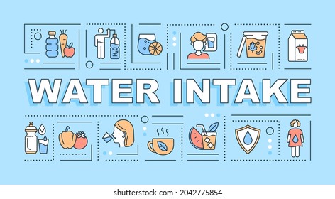 Cartel de conceptos de palabra de consumo de agua. Nivel de líquido corporal. Hidratación diaria. Infografía con iconos lineales sobre fondo azul. Tipografía creativa aislada. Ilustración de color del contorno del vector con texto