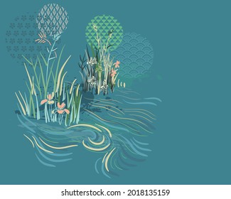 Wasseriris-Karte Naturlandschaft Landschaftsbild Landschaftskarte Vektorgrafik japanische chinesisch-orientalische Linie