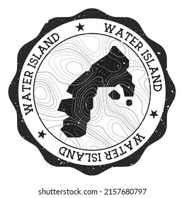 Water Island outdoor stamp. Round sticker with map with topographic isolines. Vector illustration. Can be used as insignia, logotype, label, sticker or badge of the Water Island.