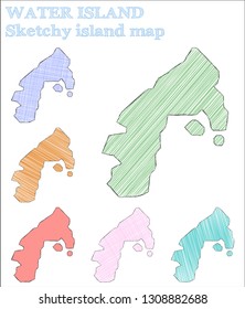 Water Island sketchy island map. Positive hand-drawn illustration in a pretty, childish style.
