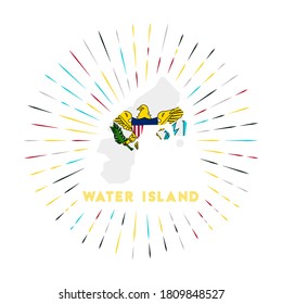Water Island sunburst badge. The island sign with map and Virgin Islander flag. Colorful rays around the logo. Vector illustration.
