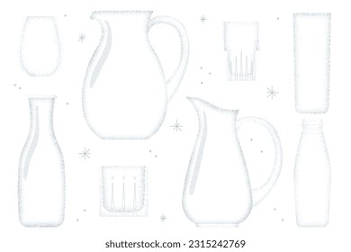 Wasserglas, Krug. Glastextur-Pitcher, Tasse und Flasche, durchsichtige Futter-Silhouette. Vektorgrafik-Design 