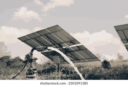water jet, behind which is solar panel's, agricultural equipment for field irrigation. 