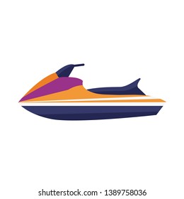 Water jet ski scooter boat icon in flat design. Sea bike isolated on white background. Water-sport boatercycle vehicle.