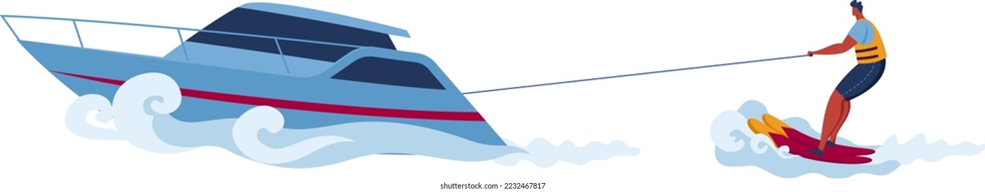 Water jet ski sport with surfing man, boat in sea vector illustration. People at summer holiday, leisure by extreme activity and water sport.