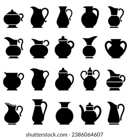 Water jug icon. Set of different silhouettes of decanter. Symbols of pitcher of water. Vector illustration