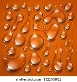 Water or juice drops set vector realistic 3d elements collection, transparent dew condensation drops over transparency checker mesh, prepared to put over orange background.