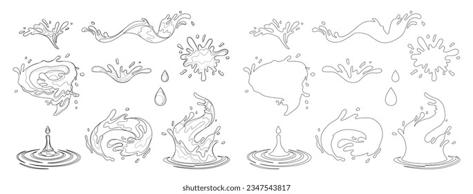 Water and juice splash liquide. Black doodle line. A spill shape, unscheduled painting etched by accident A water splash, exuberant display of waters dynamic nature Fresh juice splashed, energetic