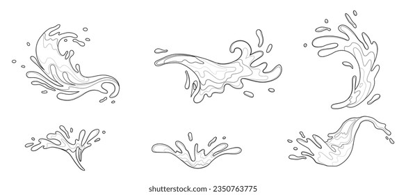 El agua y el jugo salpican líquido. Línea de doodle negro. Jugo de frescura salpicado, ráfaga de sabor expresada visualmente Una forma de onda, la firma de los mares movimiento interminable Una forma de gota, representación destilada