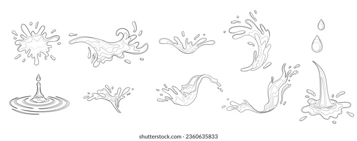 El agua y el jugo salpican líquido. Línea de doodle negro. Una forma de derrame, composición atractiva que surge del momento de la perturbación Una salpicadura de agua, presentación dinámica de movimiento acuático Jugo fresco salpicado