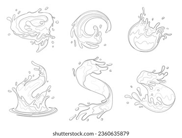 Water and juice splash liquide. Black doodle line. A drop shape, distilled representation of liquid form A dripped droplet, solitary figure in dance of water A spill shape, abstract art formed