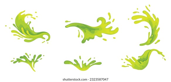 Water and juice splash liquide. Vector Illustration. A wave shape, sculpted testament to oceans rhythm A green drop shape, gentle whisper of fluid dynamics A dripped droplet, delicate dancer in ballet