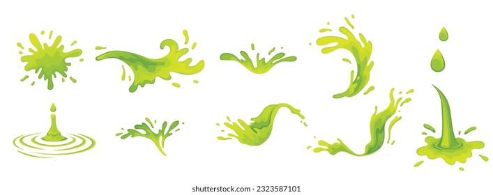 Water and juice splash liquide. Vector Illustration. A wave shape, sculpted testament to oceans rhythm A green drop shape, gentle whisper of fluid dynamics A dripped droplet, delicate dancer in ballet