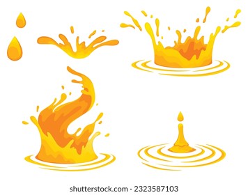 Water and juice splash liquide. Vector Illustration. Fresh juice splashed, energetic portrayal of thirst-quenching goodness A wave shape, tribute to oceans persistent dance A drop orange shape