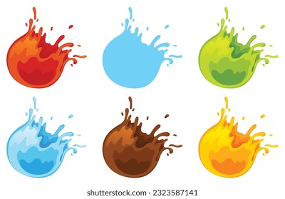 Water and juice splash liquide. Vector Illustration. A spill shape, abstract art formed by chance and circumstance A water splash, lively explosion of liquid energy Fresh juice splashed, refreshing
