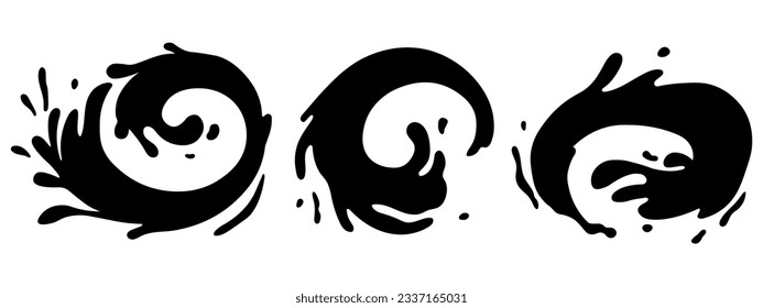 Water and juice splash liquide. Vector Illustration. Fresh juice splashed, burst of flavor expressed visually A black wave, signature of seas endless motion A drop shape, distilled representation of