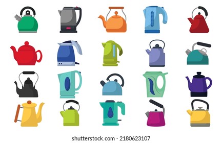 Water kettle cartoon electric and retro teapot. Hot galss or metal pot kitchenware vector illustration set. Coffie teakettle equipment and drawing house appliance. Tea kitchen boiler device drink 