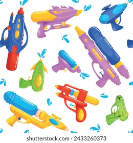 Patrón sin fisuras del arma de los niños del agua. Pistolas y pistolas de juguete de plástico de color, juegos activos para niños con elementos de vertido. Textil, papel de embalaje, diseño de papel pintado, vector de fondo de la canción tailandesa