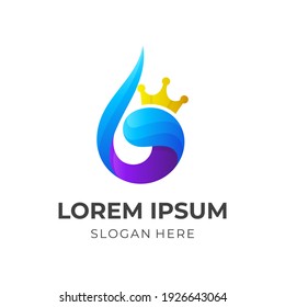 water king logo, water and crown, combination logo with 3d colorful style