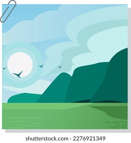 Water lake and hills landscape. Morning water lake panorama, water lake and hills silhouettes. Vector hills hiking background
