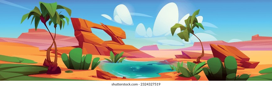 Water lake oasis in dubai desert with palm tree cartoon background. Arabian drought panorama with pond and plant in summer vector landscape. Wilderness tropical nature environment for game mirage