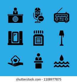 water, lamp, microphone, medicine, radio, shelter, speech, mirror and news reporter vector icon. Simple icons set