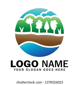 Water, land, tree, cloud element logo, four element symbol logo on circle shape, environmental concern, nature care